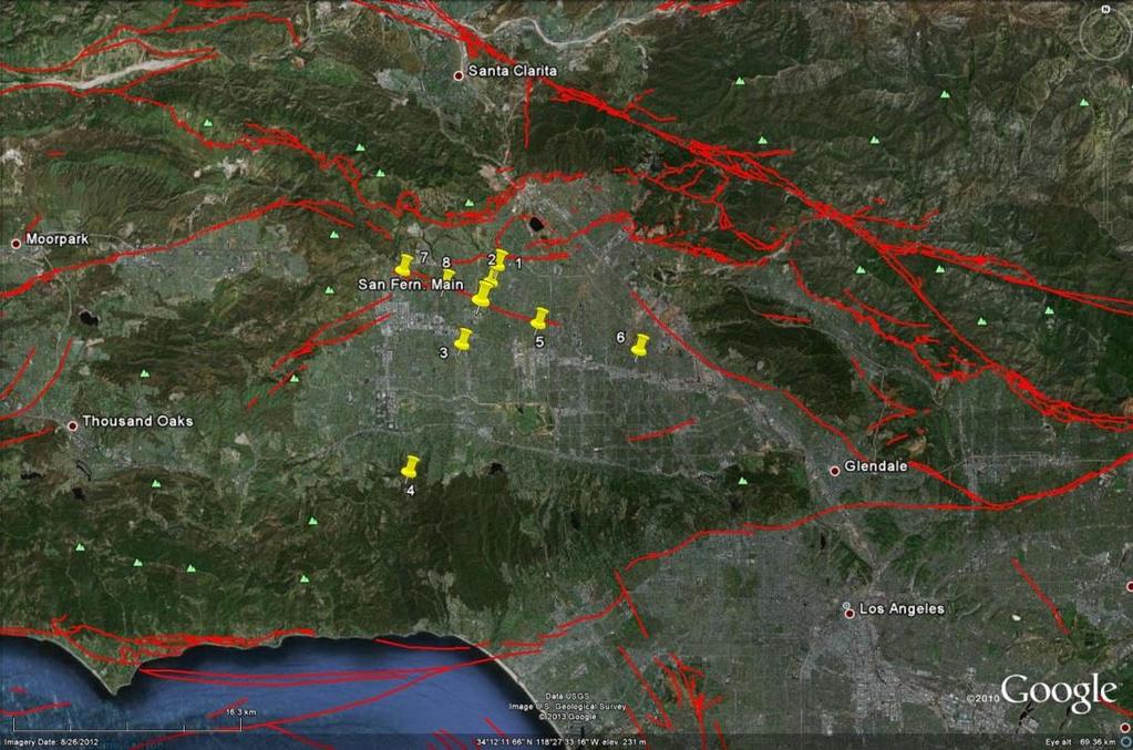 Figure 3 Test sites in San Fernando Valley, CA. Faults shown in red. Figure 4 Test sites in Memphis, TN.