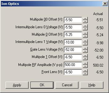 ESI Source dialog box, showing typical parameters after automatic tuning Figure 26.