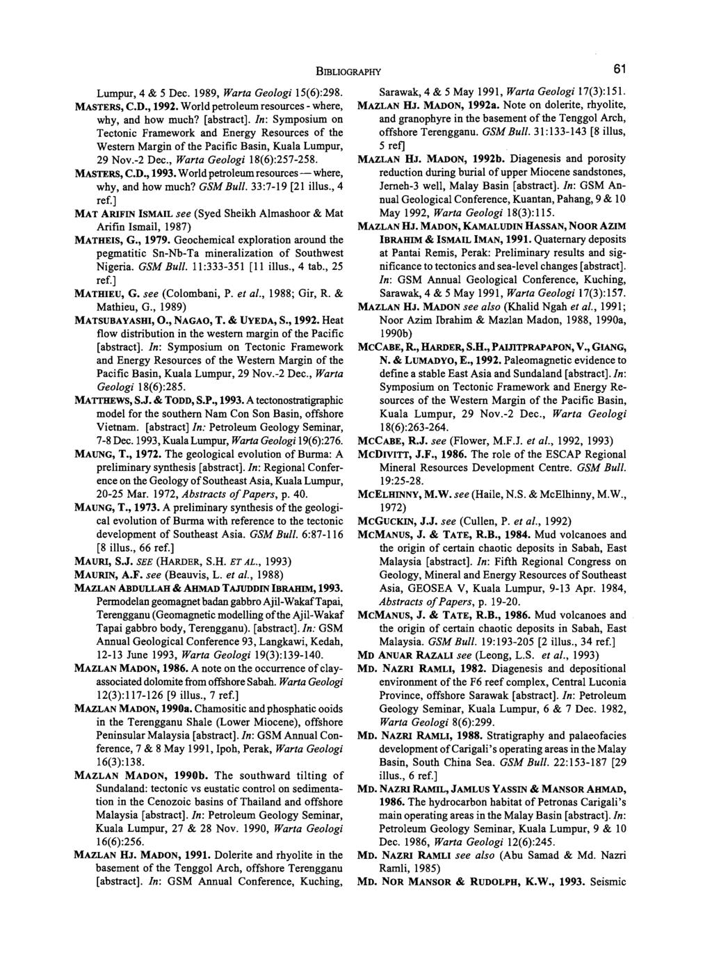 BIBLIOGRAPHY 61 Lumpur, 4 & 5 Dec. 1989, Warta Geologi 15(6):298. MASTERS, C.D., 1992. World petroleum resources - where, why, and how much? [abstract].
