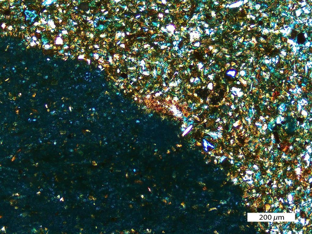 Figure 63. Thin section of Sample H. The darker sediments to the left are the same laminated sediments shown in Figure 62, but the exposure has been adjusted.