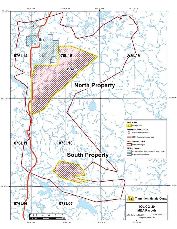 CO-20 land parcels 510 km NE of Yellowknife 20 land parcels (MEA WestKit-0001) North ~23 km long by 11 km wide (21,154 ha) South ~11 km long by 6 km wide (5,186