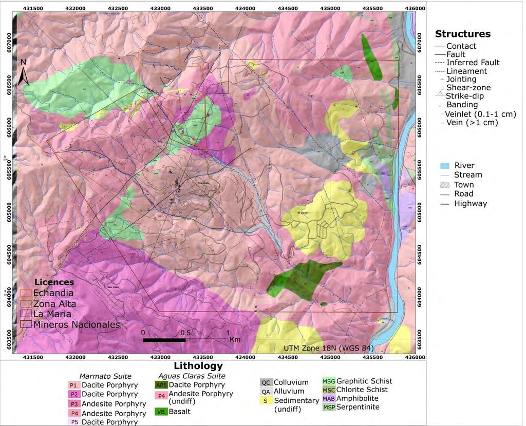 MARMATO GOLD DEPOSIT Local Geology Marmato Stock At Marmato the intrusion is 4.6 to 5.8 km wide and extends up to the Cauca River, where is in contact with schist.