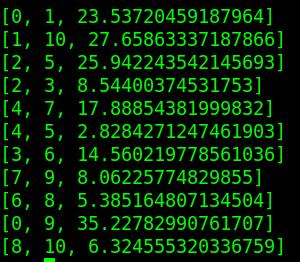 Main Logic # Create QUBO Q = tsp_solver.generate_tsp_qubo(len(nodelist), edges) # Solve QUBO with qbsolv answer = QBSolv().sample_qubo(Q, 50) # Returns the result distance, used_edges = tsp_solver.
