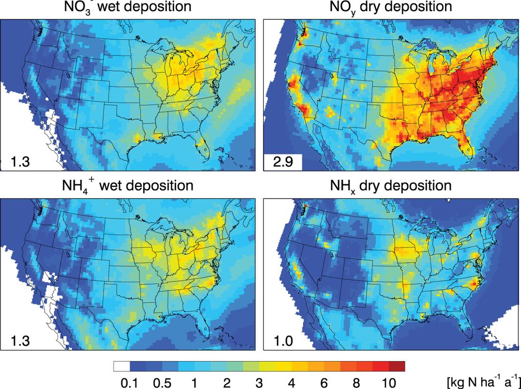 Annual wet, dry and total nitrogen deposition over the US GEOS-Chem simulation at 1/2x2/3 resolution averaged for 2006-2008 NO 3 - wet deposition NO y