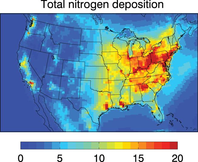 5 Tg N a -1 NH x dry deposition Numbers are total deposition amounts over the contiguous US. 1.3 Tg N a -1 1.0 Tg N a -1!