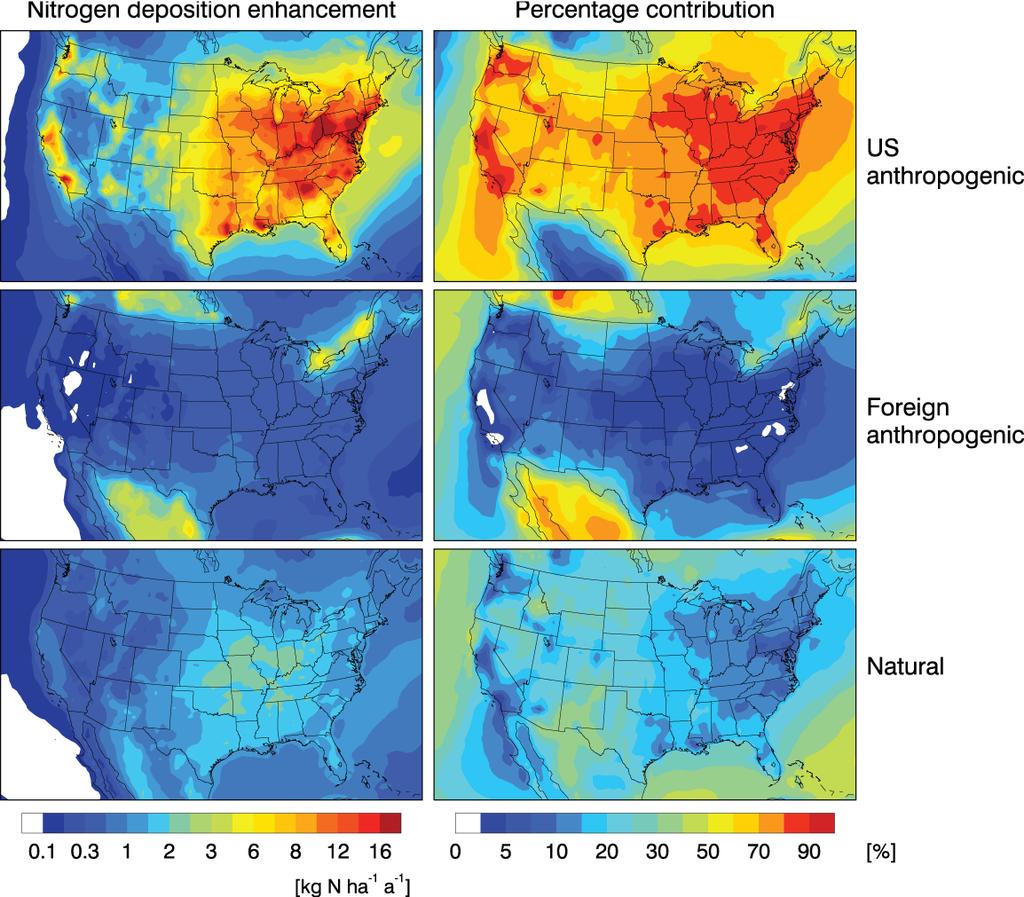 Contributions from anthropogenic versus natural sources 2006 annual totals Nitrogen deposition enhancement Percentage