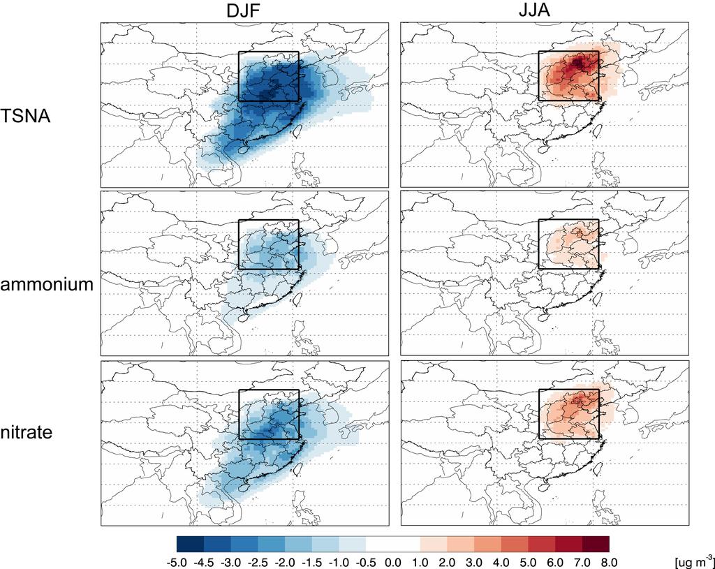 Sensitivity of surface aerosol concentrations to NH 3 emissions Winter (ΔE_NH 3 = -28% ) Summer