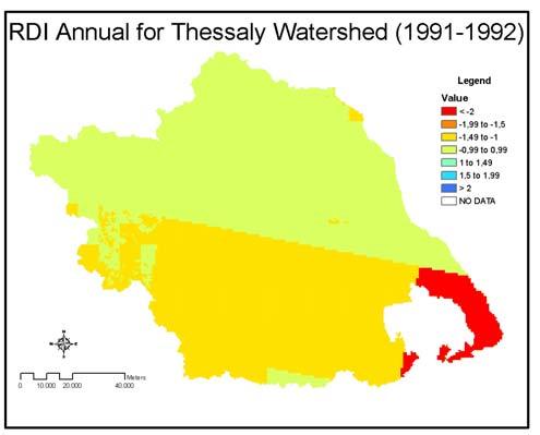 In Figures 12 and 13 monthly and monthly VHI maps for April, May and June of 1985 are presented, respectively. In Figure 12a, April 1985 shows normal conditions over Thessaly according to values.