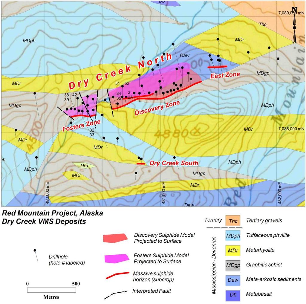 Figure 3: Dry Creek prospect showing the surface projection of massive sulphide mineralisation lenses and all drill hole