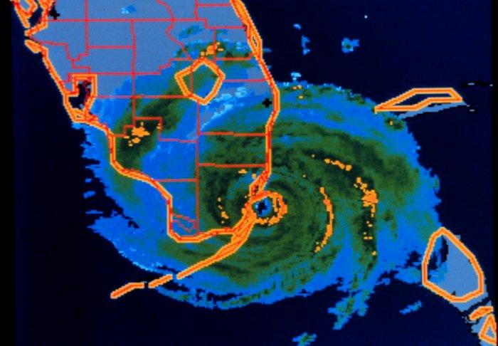 between Saffir-Simpson categories 4 and 5, and caused an estimated quarter-billion dollars in damage in the Bahamas. At about 4:00 a.m., August 24, the eye of Hurricane Andrew passed over Elliot Key on the eastern edge of Biscayne Bay.