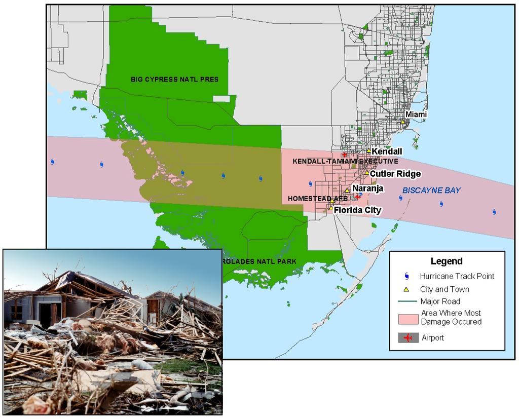 Area of Dade County where Andrew caused greatest damage (above) and devastation in Homestead (left) For the next three hours, Andrew destroyed or heavily damaged buildings from Kendall, and South