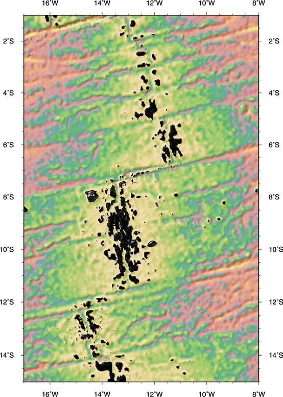 Figure 4 is an illustration of gridded bathymetry in the equatorial Atlantic. The blackened areas identify those parts of the sea floor which are 2500m or shallower.