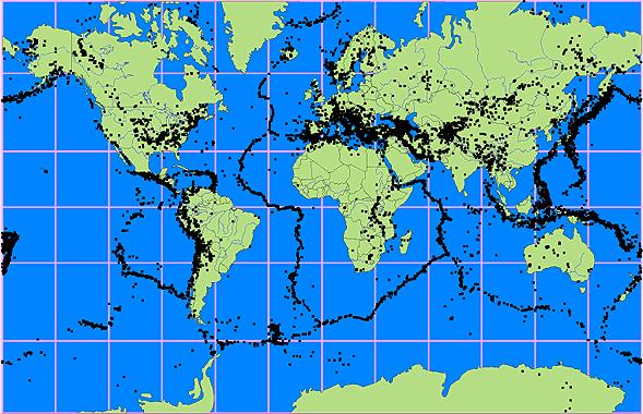 Earthquakes worldwide This map shows the distribution of earthquakes on Earth. What pattern do they follow THE OUTLINE OF THE TECTONIC PLATES Many people live in earthquake-prone zones.