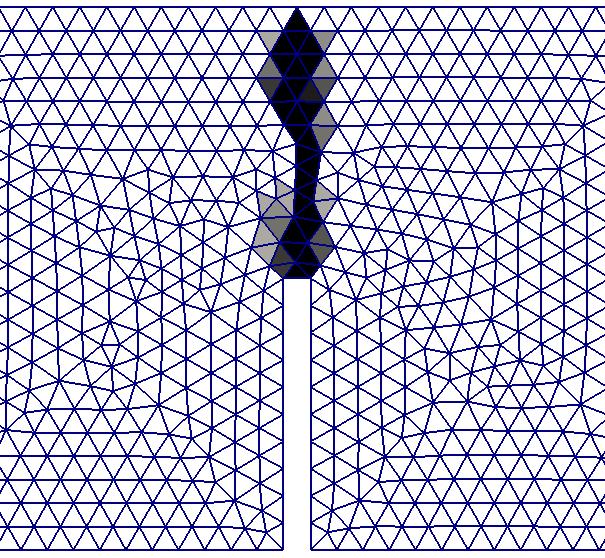 Figure 15: Tensile damage patterns for the coarse, medium and fine mesh for the three point bending test. Black indicates a tensile damage variable of 1. 6.