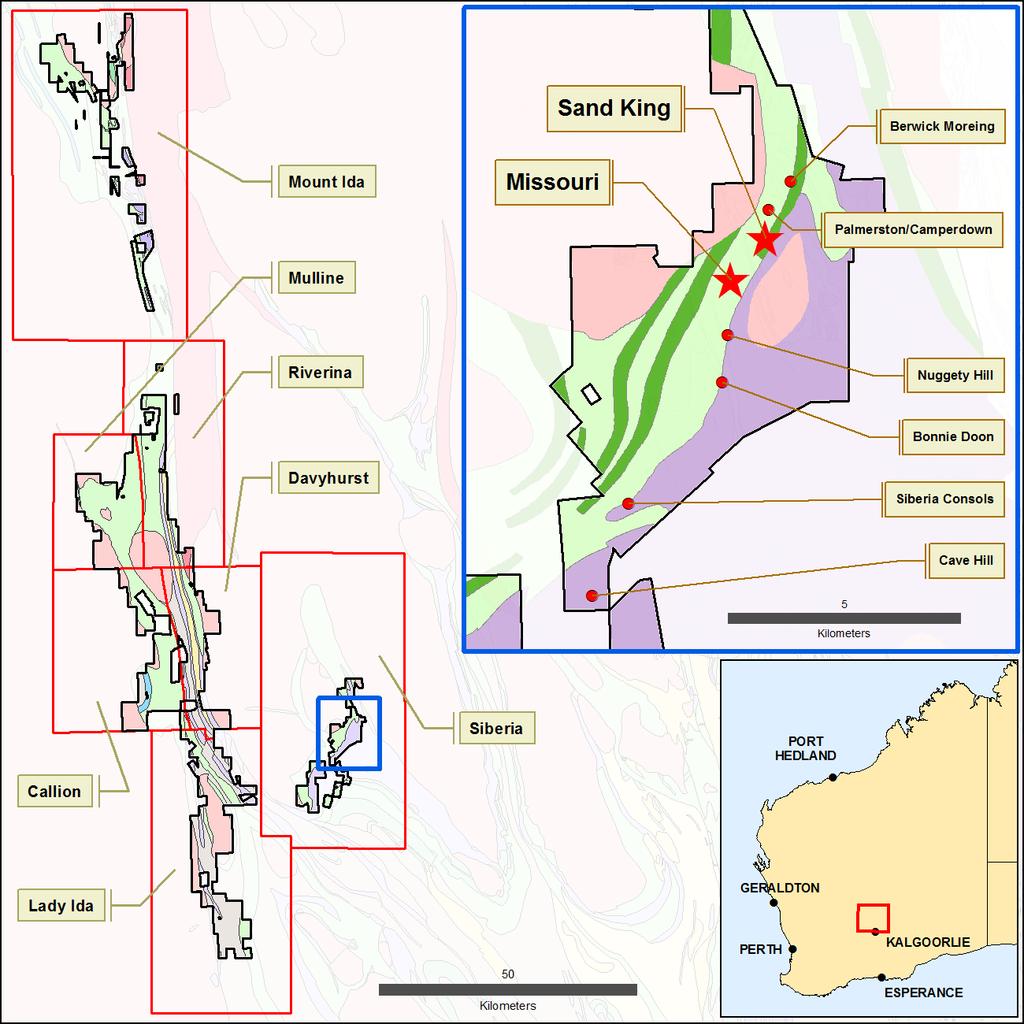 Sand King Deposit The Sand King deposit is situated approximately 800 metres north of the Missouri deposit, approximately 37 kilometres south west of the Davyhurst mill and approximately 83