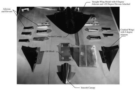 Fig. 1. Photograph of Mach 4 waverider-derived wind-tunnel model with various vehicle components. Planform reference area Straight wing: 2.