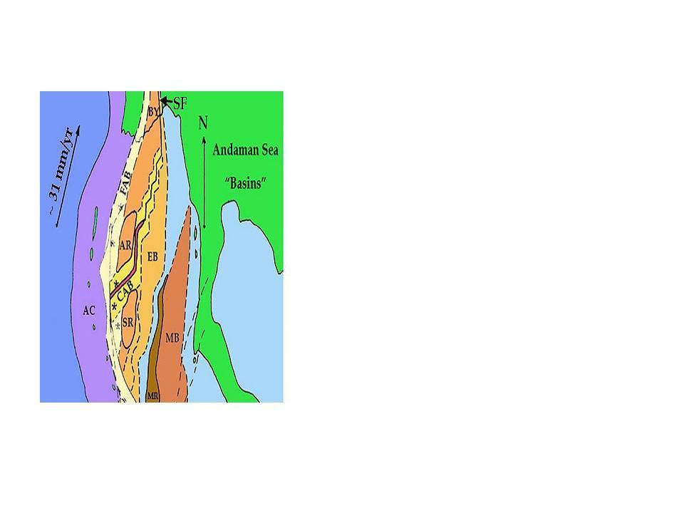 AC: Accretionary Prism AR: Alcock Rise BY: Bago Yoma CAB: Central Andaman Basin EB: East Basin FAB: Forearc Basin MB: Mergui Basin MR: Mergui Ridge NSR: North Sumatra Ridge SF: Sagaing Fault SR: