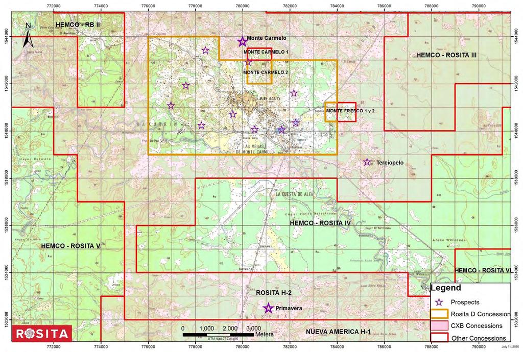Rosita D and neighbors Advanced Cu, Au and Ag Exploration in Rosita D; The Rosita project is located seven km north of the Primavera project where CXB and BTO announced the discovery of