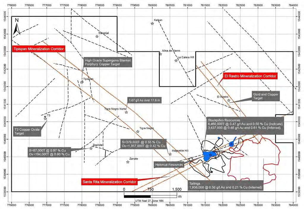 Targets Prospects - Resources Tipispan: 500 m by 250 m Cu in soil anomaly overlies a Cu-Au-Ag mineralized monzonite porphyry that is cut by northwest trending high structures; Target is approximately