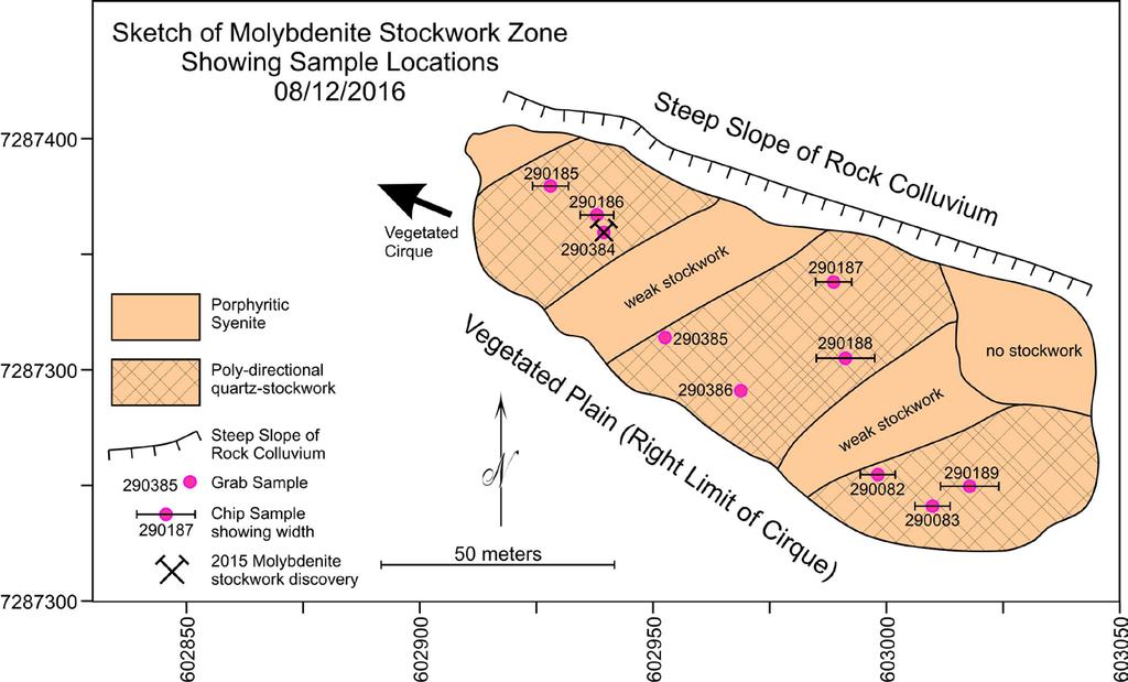 Geologic sketch and chip sample locations within molybdenite gold-quartz-stockwork zone about 200 meters southeast
