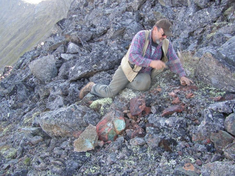 PRGCI Contractor Larry Nichols samples a new, as yet-unnamed chalcopyrite-bornite-bearing veinfault zone between and sub-parallel to the Lake and Main zones of the Cirque Mineralized system,