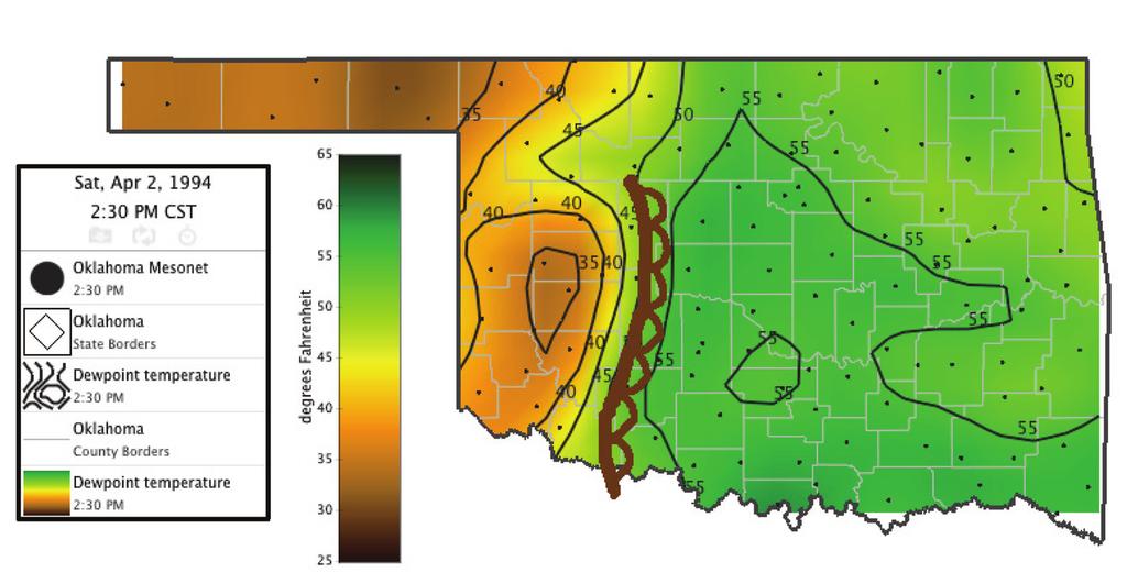 Figure 11 Dew Point (in F) for 2 April 1994 at 2:30 PM CST (2030 UTC), as Measured by the Oklahoma Mesonet Figure 12 Winds Speed
