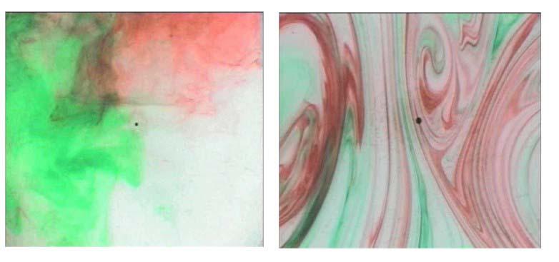 Figure 5: Dye distributions from GFD Lab 1: on the left we see a pattern from dyes (colored red and green) stirred in to a non-rotating fluid; on the right we see dye patterns obtained in a rotating