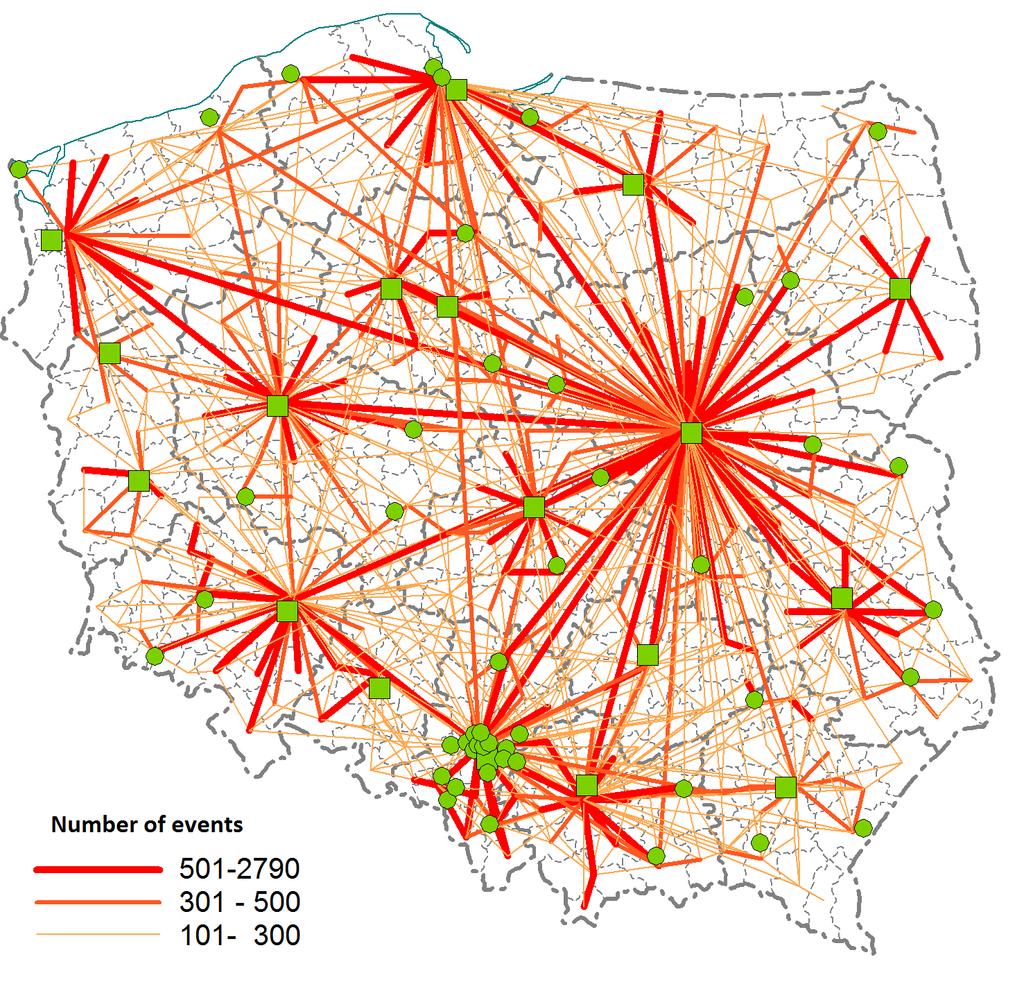 Fig. 6.4. Migration flows (registrations for permanent residence and reported changes of address) in 2005-2006 in Poland Source ŚLESZYŃSKI, P. (2011) Social Linkages. In: KOMORNICKI, T. SIŁKA, P.