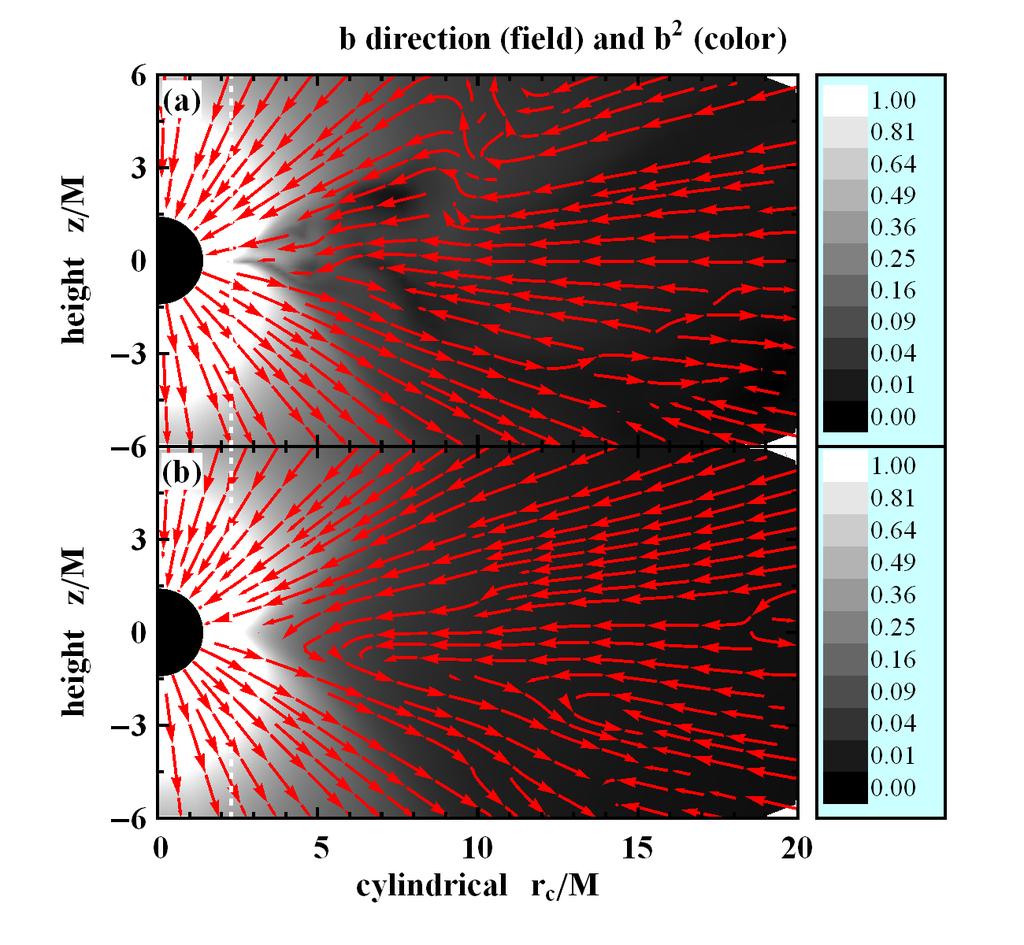 Chapter 6: Constraining Sgr A* by 3D GRMHD and Polarized Transfer 187 Figure 6.5. Magnetic field lines (red vectors) and comoving electromagnetic energy density b 2 (greyscale map) for spin a = 0.