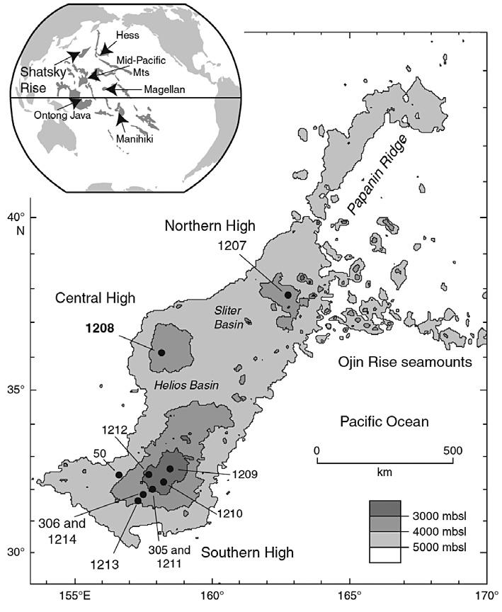 FIGURE 3.10. Location of ODP Site 1208 on Shatsky Rise in the northwest Pacific. Shaded bathymetric contours; mbsl = meters below sea level. From Bown, 2005. Table 3.