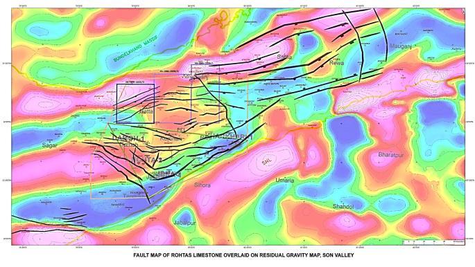 Figure.4 Major faults at Rohtas Limestone Top overlain on Residual Gravity anomaly map (Source: KDMIPE reports) Fig.5 Time structure map at the top of Rohtas Limestone.