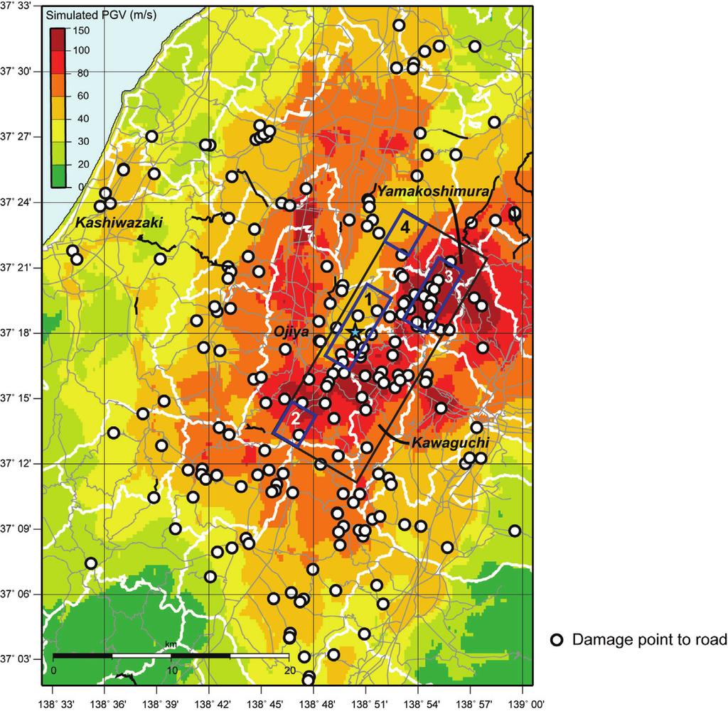ESG2006, Grenoble, 30/08-01/09/2006 Figure 7. Simulated PGV values of the 2004 Niigata-ken Chuetsu earthquake (color scale) for a region around the ruptured fault (black box).