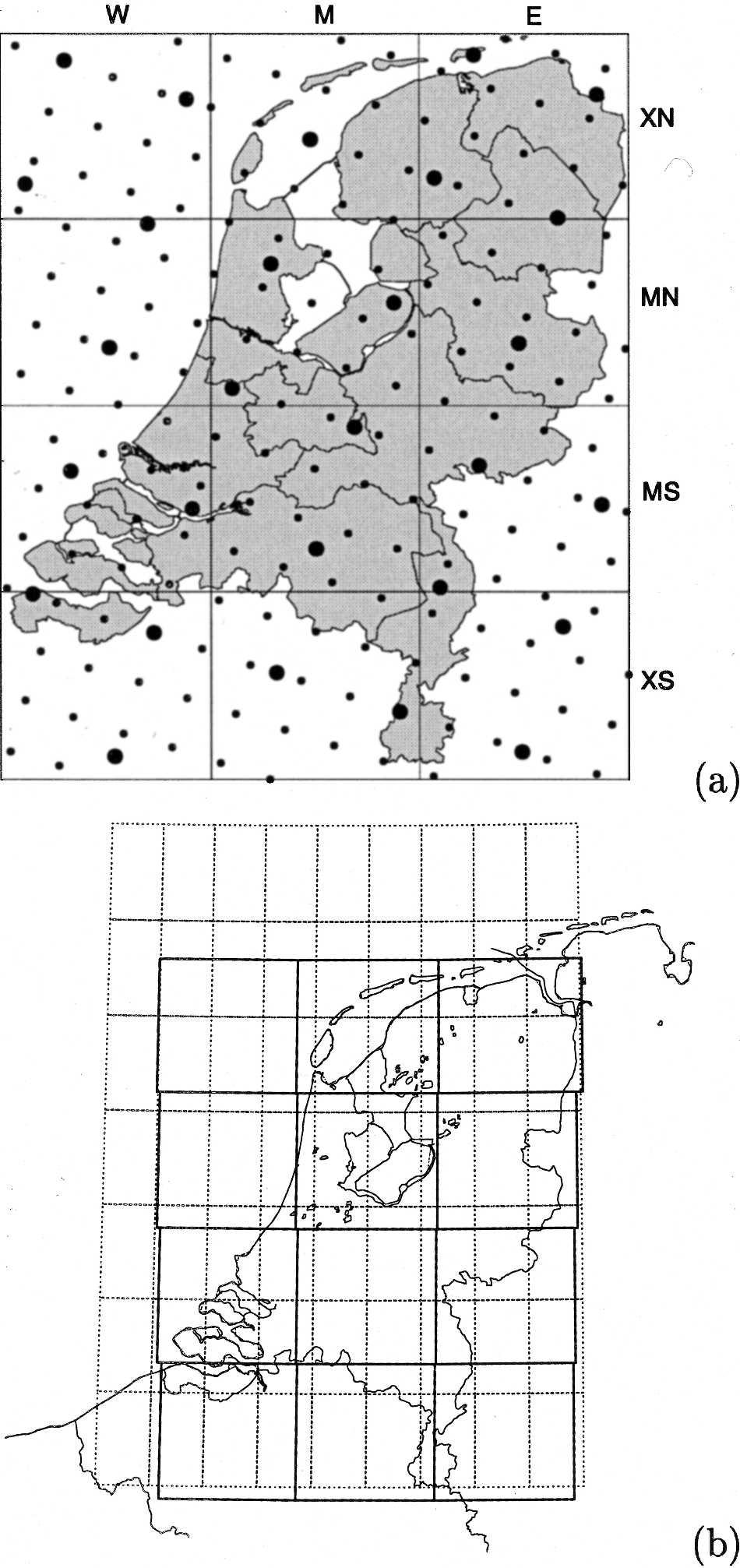 APRIL 2005 SCHMEITS ET AL. 135 FIG. 1. (a) Geography of the Netherlands (gray shaded) and surroundings, subdivided in 12 regions (W: west, M: middle, E: east, N: north, S: south, and X: extreme).