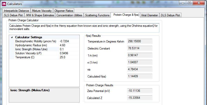 Protein Utility Calculators Protein charge and f(κa) Calculate protein apparent charge from measured electrophoretic mobility Also calculates f(κa) for the Henry equation to improve zeta potential