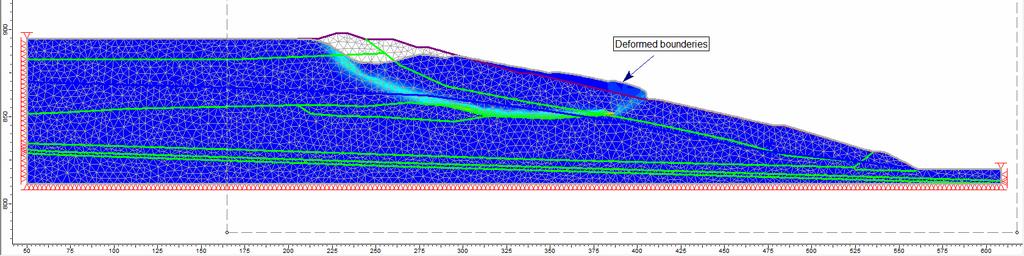 Figure 12. Post-seismic evaluation using the finite element method - main dam. Shear deformation distribution, Safety factor Fs = 0.88. Figure 13.