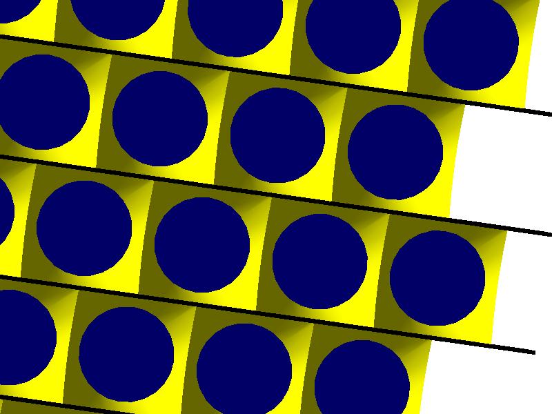 Figure 9: Top view of cone (yellow) on PMT face (blue). Rows are separated by 1 mm for magnetic shielding (black). were included.