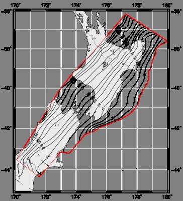 Figure 4.1 Revised Hikurangi subduction zone interface model after Williams et al., 2013. The model is represented as a depth contour plot in this figure.
