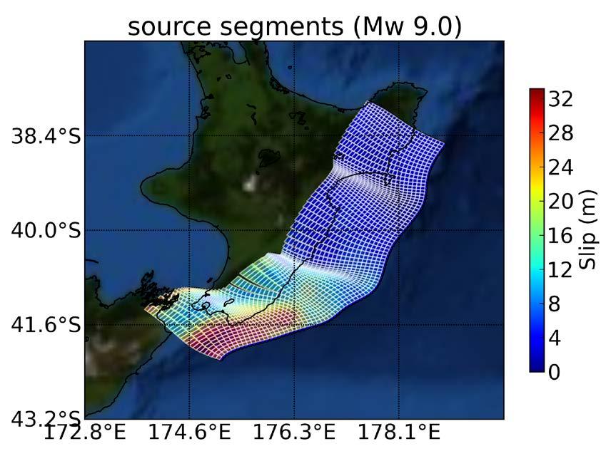 Figure 4.4 Example of a subduction zone source model with a non-uniform distribution with expert weighting scheme applied. Slip is focused mainly in the south of the interface.