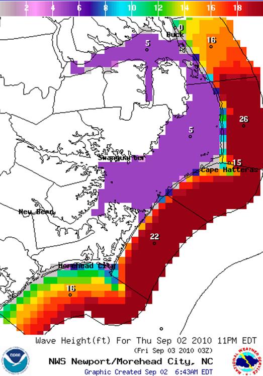 Coastal Impacts (from Newport/Morehead City NWS) Based on the current track, seas up to 25 feet (see image) are forecast in the coastal waters.