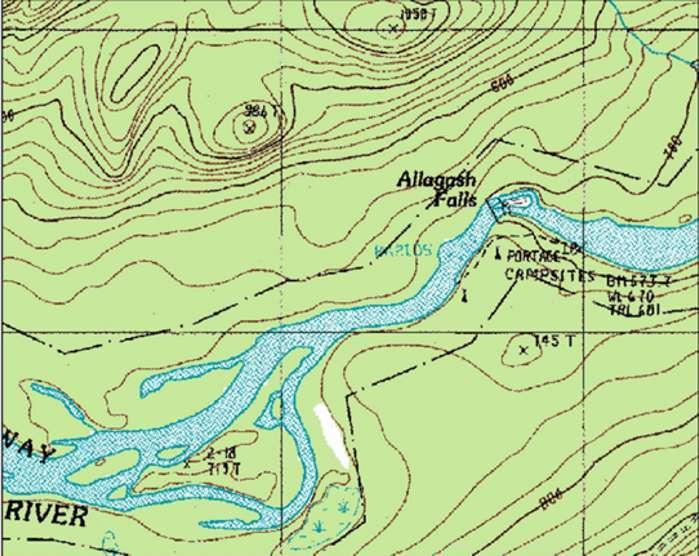 Map by USGS Photo by Robert Marvinney Allagash Falls Usually after many days on the river, canoe travelers are confronted with the awesome obstacle of Allagash Falls, announced by a