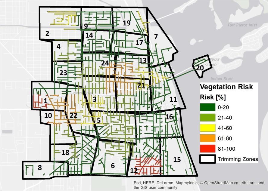 Result: Risk Maps ID Zone Order for Tree Trimming Schedule Average Risk Reduction [%] Economic Impact Reduction 1 12,1,21,22,13,24,2,3,10,19,11,5,6,18,4,23 32.18 0.39 2 12,1,13,24, 31.98 0.