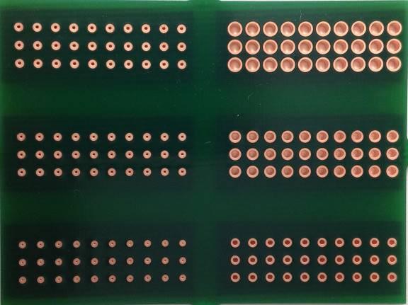 solderable finish applied. Soldering was done to bare copper. This circuit board is used for laboratory solderability testing, and is representative of relatively easy to solder circuit boards.