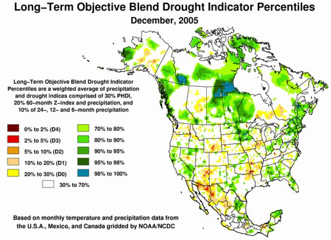 1-month precipitation (25%) Palmer Drought Index (10%) Long-term blend components: Palmer Hydrological