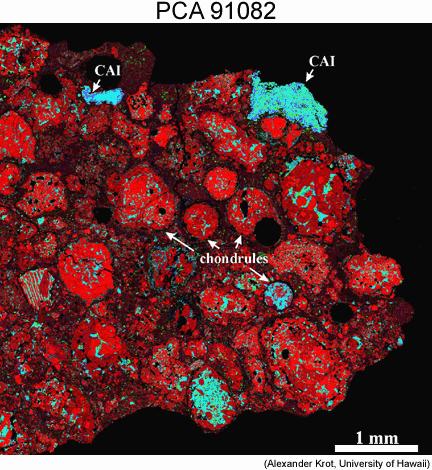 2 of 5 This combined X-ray elemental map shows Mg (red), Ca (green) and Al (blue) of the CR carbonaceous chondrite PCA 91082. CAIs and chondrules are labeled.