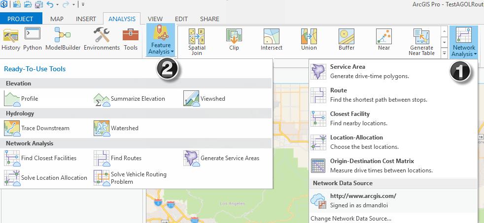 Using services with ArcGIS Desktop (ArcGIS Pro) Use from Network Analysis gallery in the Analysis tab if using ArcGIS Pro 1.