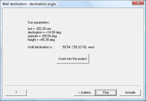 The following window shows the sun parameters at the time of measurement together with the computed wall declination value.