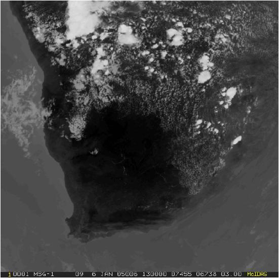 Figure 5 shows the IR 10.8 image on 6 January at 12:00 UTC. The potentially unstable air mass in the north-eastern region shows the onset of convection, identified 6 hours earlier in Figure 4.