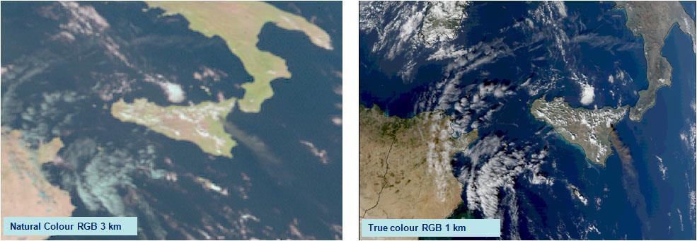 MTG Higher resolution imagery Example of ash detection, SEVIRI Natural Colour RGB, 12:15 UTC, 26