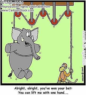 Page 29 of 45 6. Maurice the monkey lifts Elliot the Elephant by exerting a force of 500 N on the rope. He pulls the rope over a distance of 30 m.