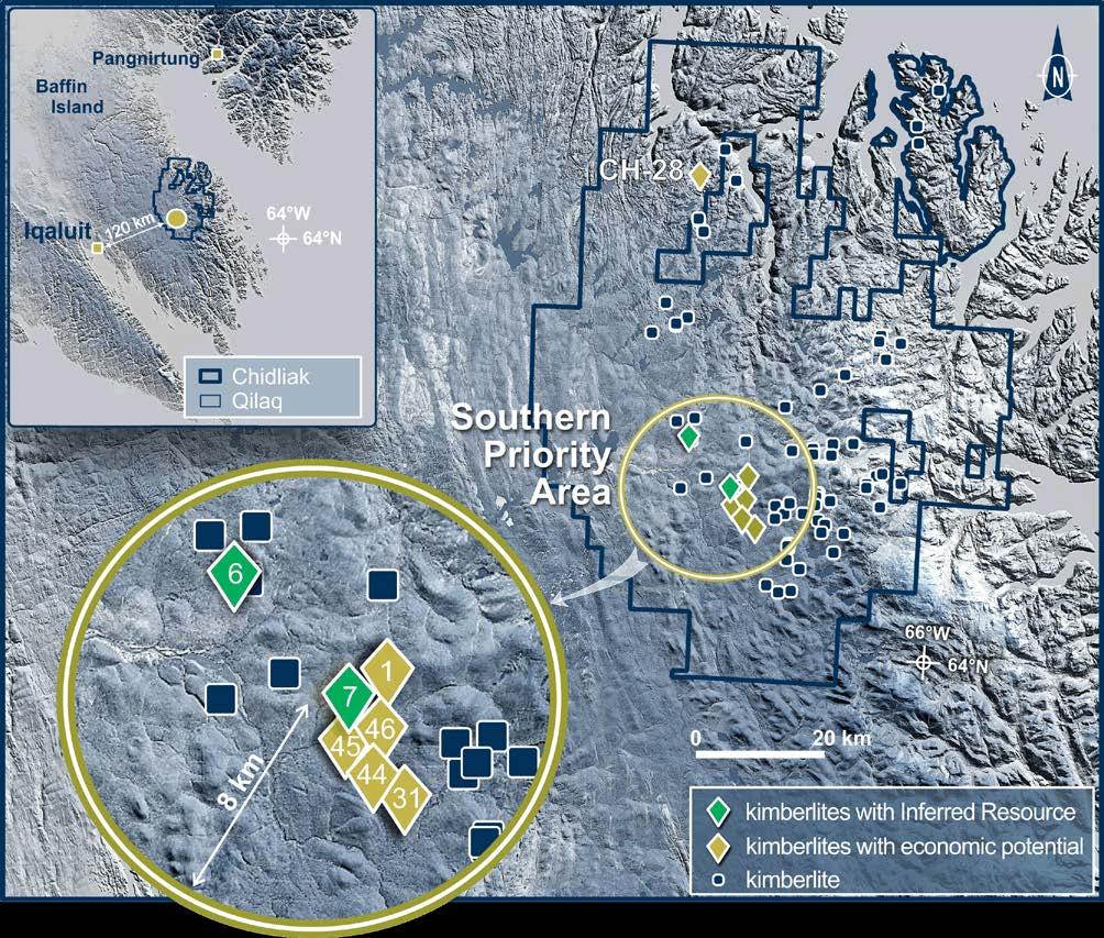 Chidliak: Overview HIGHLIGHTS: ~ 120 km ENE of Iqaluit, capital of Nunavut. 74 kimberlites discovered. PEA completed on two pipes, CH-6 and CH-7. PEA Phase 1 highlights: 11.